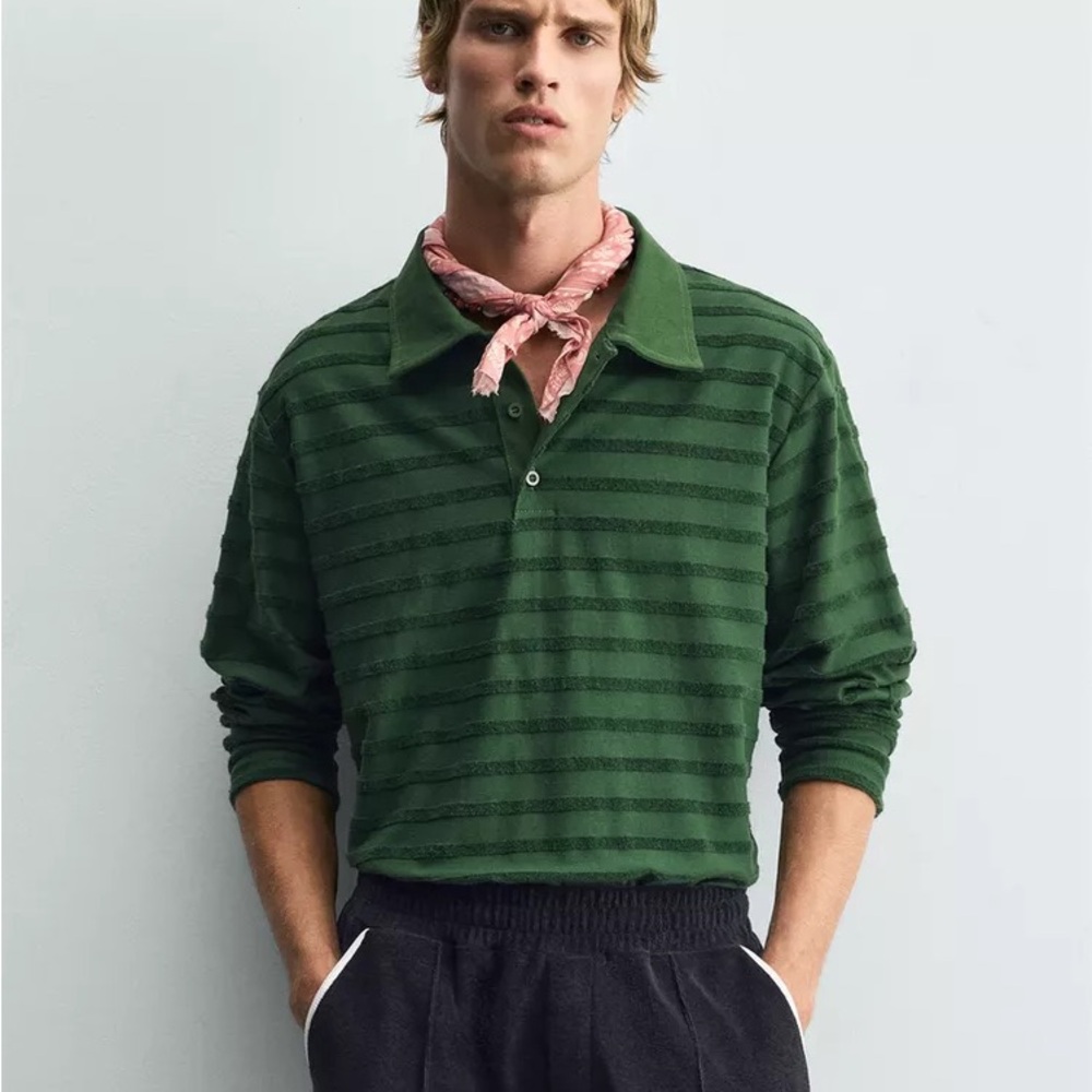 Zara Dark Green Striped Long-Sleeve Polo